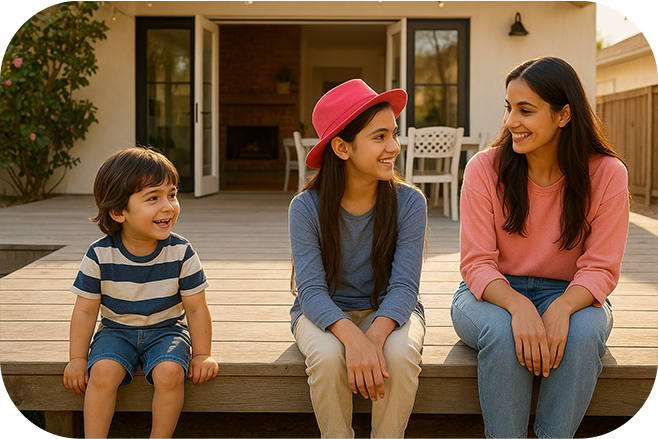 Babysitter sitting on a bench with two children, all smiling